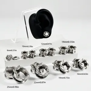 Tunnels d'oreille en acier avec motif serpent, tailles de 8 mm à 25 mm dispos.