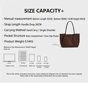 Size and capacity chart for the brown suede tote bag showing dimensions and weight.