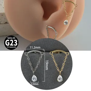 Detailed view of G23 titanium chain earring dimensions and pear-cut zircon pendant