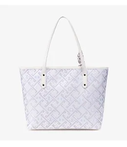Chique witte shopper met paars geometrisch patroon en zijden sjaal detail
