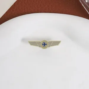 Detailansicht einer Vintage-Pilotenflügel-Brosche aus Metall mit Flugzeug-Emblem.
