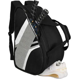 Detail showing the racquet compartment and shoe storage of the pickleball backpack.