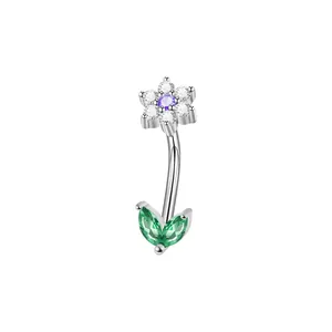 Stainless steel belly button ring piercing with flower and green leaf zircon stones, 16G