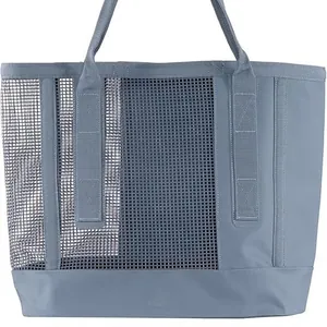 Large capacity blue mesh tote bag with waterproof base and shoulder straps for daily commuting