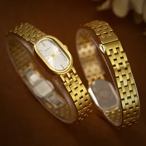 Elegante reloj vintage dorado para mujer con esfera ovalada y brazalete de acero inoxidable