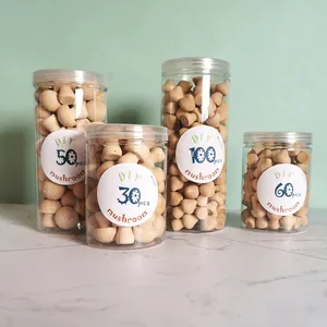 Four jars of unpainted wooden mushrooms in various quantities for DIY painting crafts