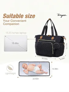 Large black diaper bag travel tote with changing mat for hospital and travel
