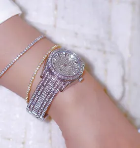 Elegant luxury silver women's watch with full diamond encrusting and matching bracelets