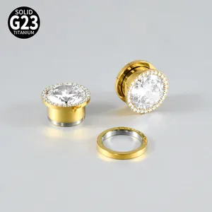 High-grade G23 titanium gold plated ear gauge with zircon halo and internal threading
