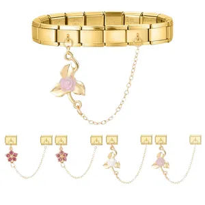 Gold Italian charm bracelet modular links with flower pendants and safety chains