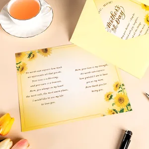 Sunflower Mother's Day greeting card set with yellow envelope and warm tea scene