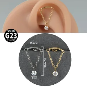 Detailed size chart for G23 solid titanium chain stud earring with clear crystal dangle