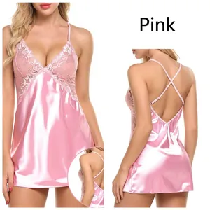 Close-up detail of pink satin sexy nightgown featuring lace trim and backless cross straps