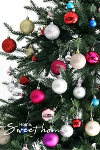 Detailed view of various colorful Christmas ball ornaments on a festive green tree