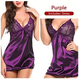 Detailed view of sexy purple lingerie nightgown with floral lace trim and satin fabric