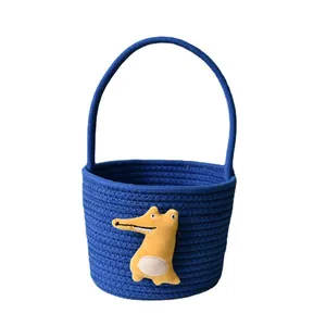Cute blue cotton rope woven storage basket with yellow cartoon crocodile decoration