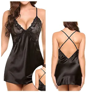 Elegant sexy black satin nightgown with lace trim and cross back straps for women