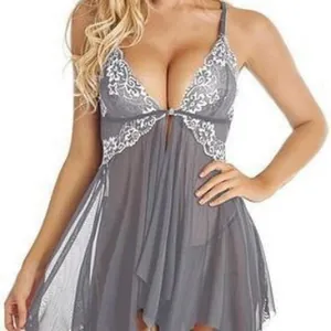 Sexy grijze semi-transparante mesh babydoll lingerie met wit kant voor dames nacht