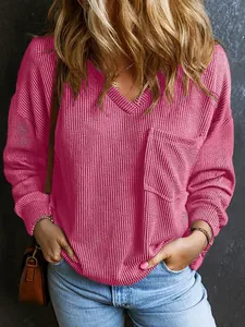 Women's casual V-neck pullover sweater in rose pink with functional front pocket