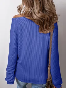 Detailed back view of a blue ribbed texture long sleeve casual pullover for women