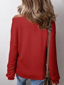 Detailed back view of a casual red ribbed long sleeve pullover sweatshirt for women