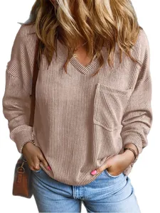 Casual V-neck long sleeve pullover sweatshirt for women with a functional chest pocket
