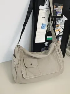 Large capacity khaki canvas messenger bag with adjustable strap for daily use