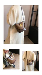 Showcase of a retro brown bucket bag from multiple angles on a model in a beige coat
