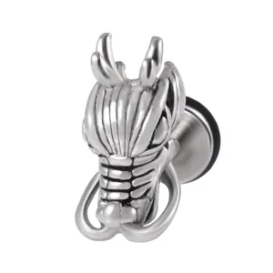 Boucle d'oreille en acier inoxydable tête de dragon argentée sculptée en détail