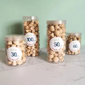 Assorted sizes of unfinished wooden mushrooms in clear plastic jars for DIY crafts