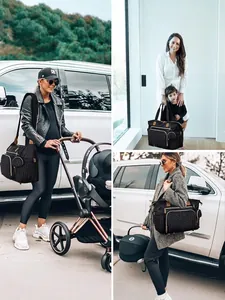Large capacity black quilted diaper bag for travel and hospital use with stylish design