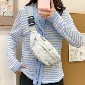 Trendy minimalist white star pattern waist bag worn across the chest for casual style