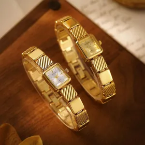 Elegante reloj de cuarzo cuadrado vintage dorado para mujer con correa de eslabones de metal