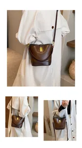 Three views of a vintage brown leather bucket bag for women with a gold lock detail.