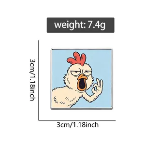 Square metal pin with funny hand-drawn chicken motif making an OK gesture and 3cm size