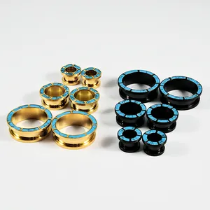 Dilatadores de oreja de acero inoxidable con incrustaciones de turquesa, dorado y negro
