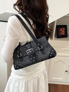 Stylish vintage grey textured underarm baguette bag with silver studs and black leather straps