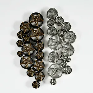 Colección de túneles para oreja de pentagrama en acero inoxidable, acabados negro oro y plata