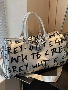 Fashion Letter Print Large Capacity Gym Bag Women PU Leather Travel Duffel Bag Graffiti Style Sports Crossbody Bag For Weekend Trip Fitness