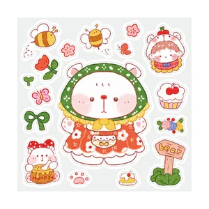 Cute hand-drawn cartoon bear and floral sticker sheet for DIY planners journals and cups