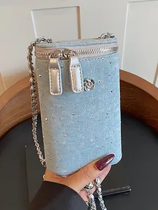 French Style Denim Tweed Chain Phone Bag Rhinestone Camellia Crossbody Mini Shoulder Bag For Women
