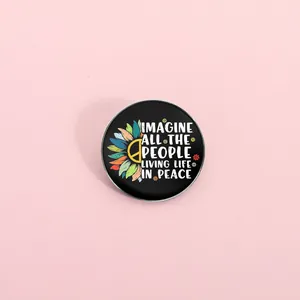 Imagine Peace Theme Sunflower Brooch Anti-War Symbol Badge Zinc Alloy Round Square Enamel Pin Jewelry Accessories Gift