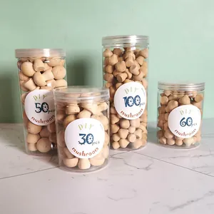 Detailed view of four jars containing various quantities of unfinished wooden mushrooms
