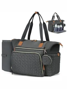 Large capacity grey travel diaper bag for hospital with changing mat and bottle holder