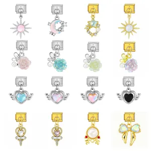 Pendentif Charm Italien en Acier Inoxydable Strass Perle Artificielle Cœur Fleur pour Bracelet Modulaire Bijou DIY Personnalisé