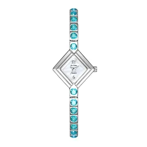 Reloj Bee Sister elegante con esfera en forma de rombo y brazalete de piedras azules