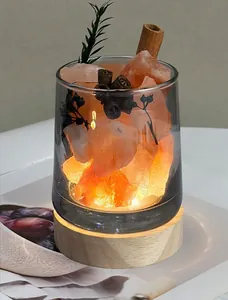 Detail of Himalayan pink salt lamp with botanical accents on a wooden light base