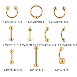 Detaillierte Größentabelle für vergoldetes Piercing-Schmuckset mit Augenbrauen- und Lippenringen.