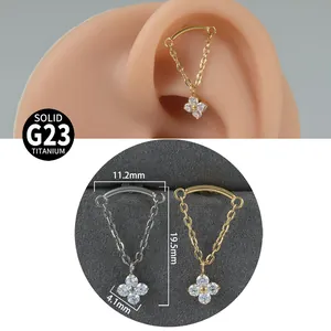 Detailed macro view of G23 titanium cartilage piercing chain earring with clear dimensions.