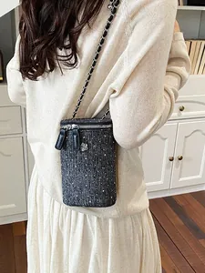Elegant French style tweed crossbody phone bag featuring a silver chain strap and flower charm